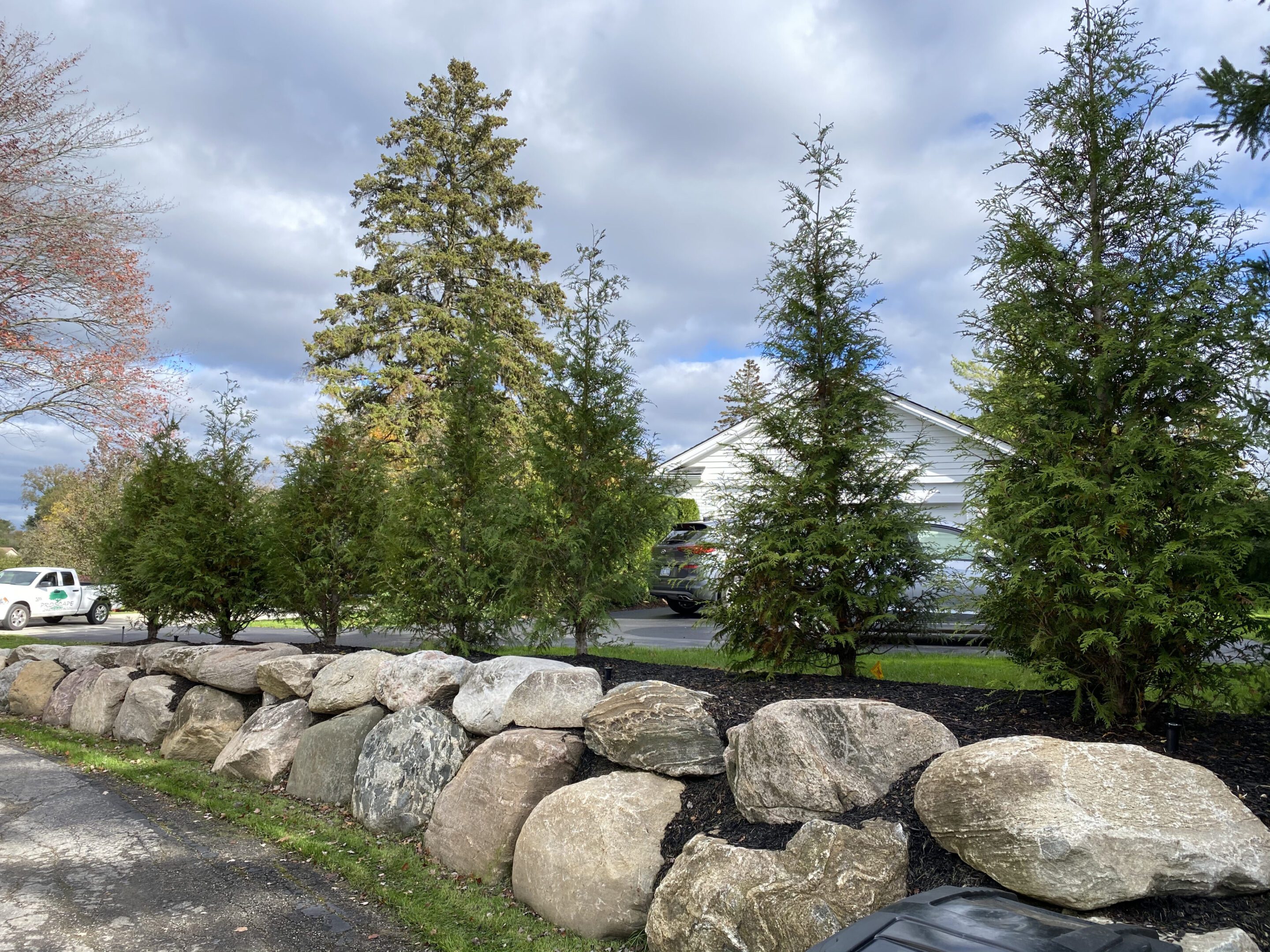 A stone wall with trees in the background